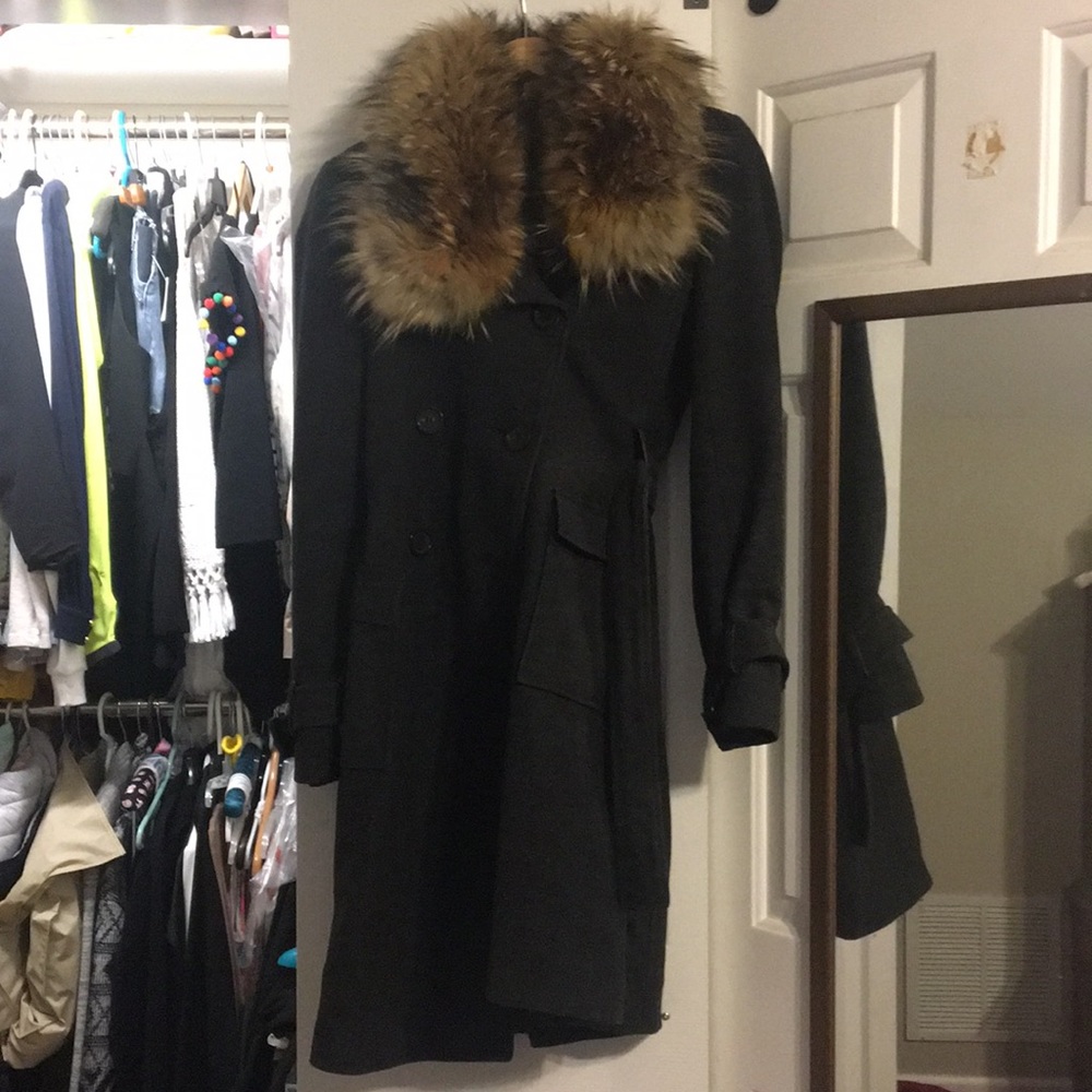 Andrew Marc Fur Trimmed Wool Trench Coat